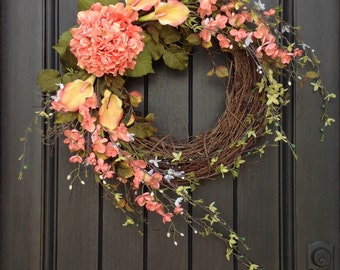 Spring Wreath Summer Wreath Floral White Green Branches Door Wreath Grapevine Wreath Decor-Coral Peach Lilies Wispy Easter-Mothers Day