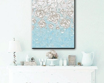 CUSTOM Original Painting Abstract Painting Pearl White Blue Home Decor Wall Art Decor Gift Textured Sculpted Palette Knife 24x18"- Christine