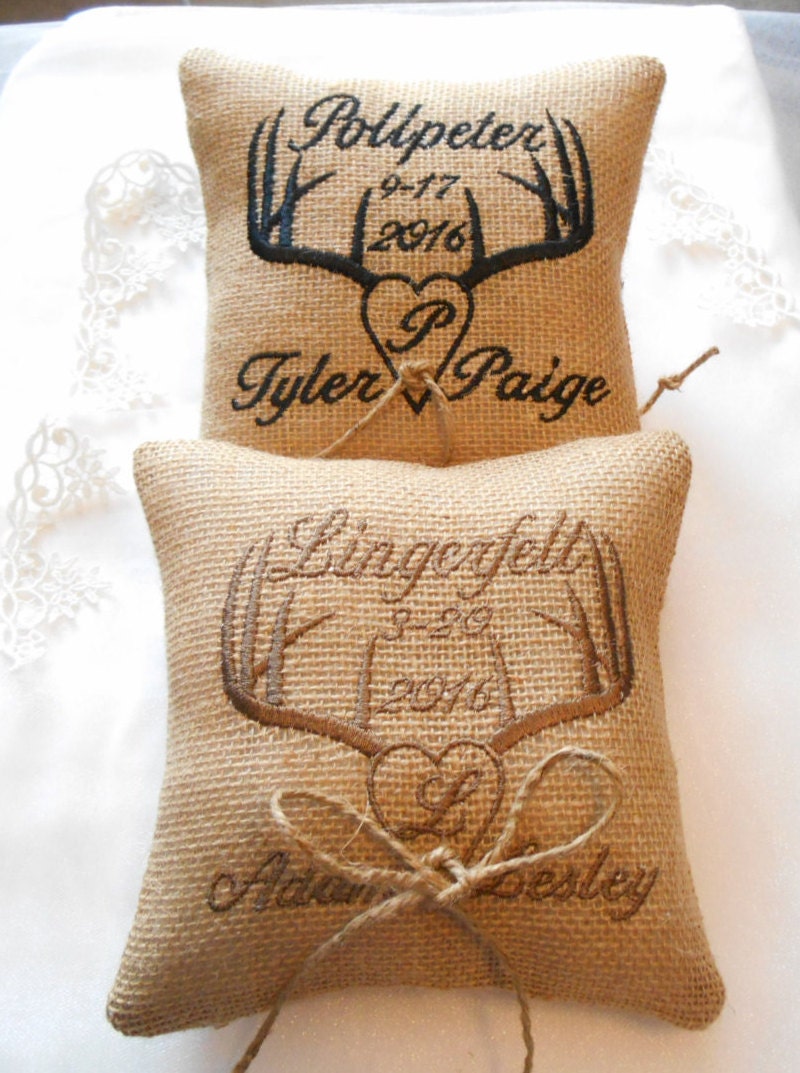 Monogrammed Wedding Pillow DEER ANTLERS Burlap Ring Bearer