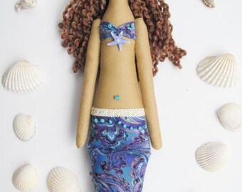 Mermaid doll handmade fabric doll blue lilac softie plush cloth doll lovely rag doll brunette mermaid gift for girl and mom