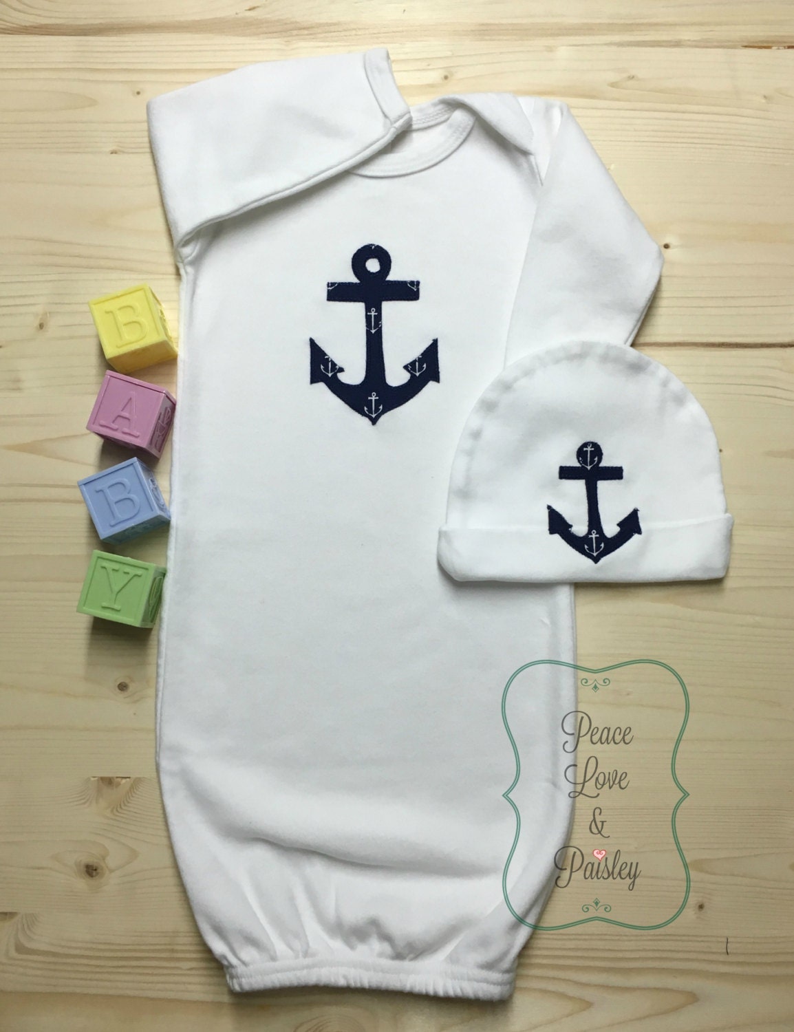 Nautical Baby Gown and Hat Set Navy Blue Anchor Outfit