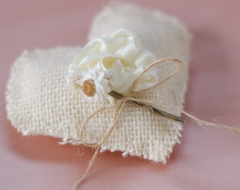 Heart Shaped Ring Bearer Pillow - Small - Rustic Ivory Burlap with Hand Sewn Silk Rose - Wedding