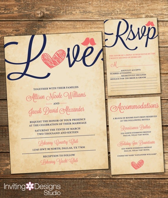 Rustic Wedding Invitation Suite - Navy and Coral