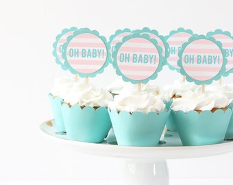 Oh Baby Cupcake Toppers Gender Reveal Party Cupcake Topper Gender Neutral Cake Topper Pink and Blue Party Supplies Baby Shower Decorations