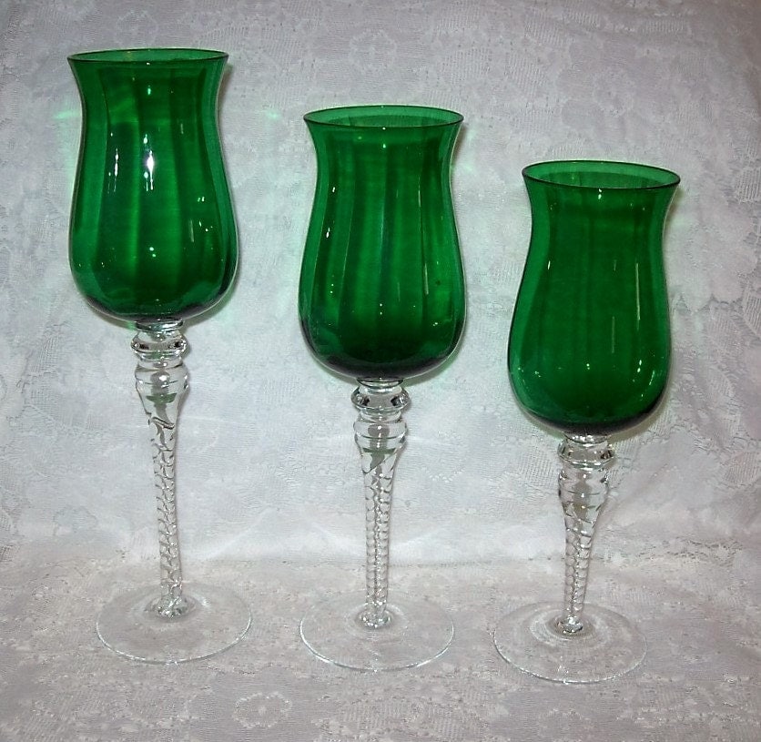 Vintage Green & Clear Long Stemmed Glass Candle Holders Set of