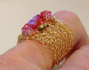 Wire Crochet Gold Wide Bank Ring with Swarvoski Indian Pink Crystal AB Cubes US Size 9