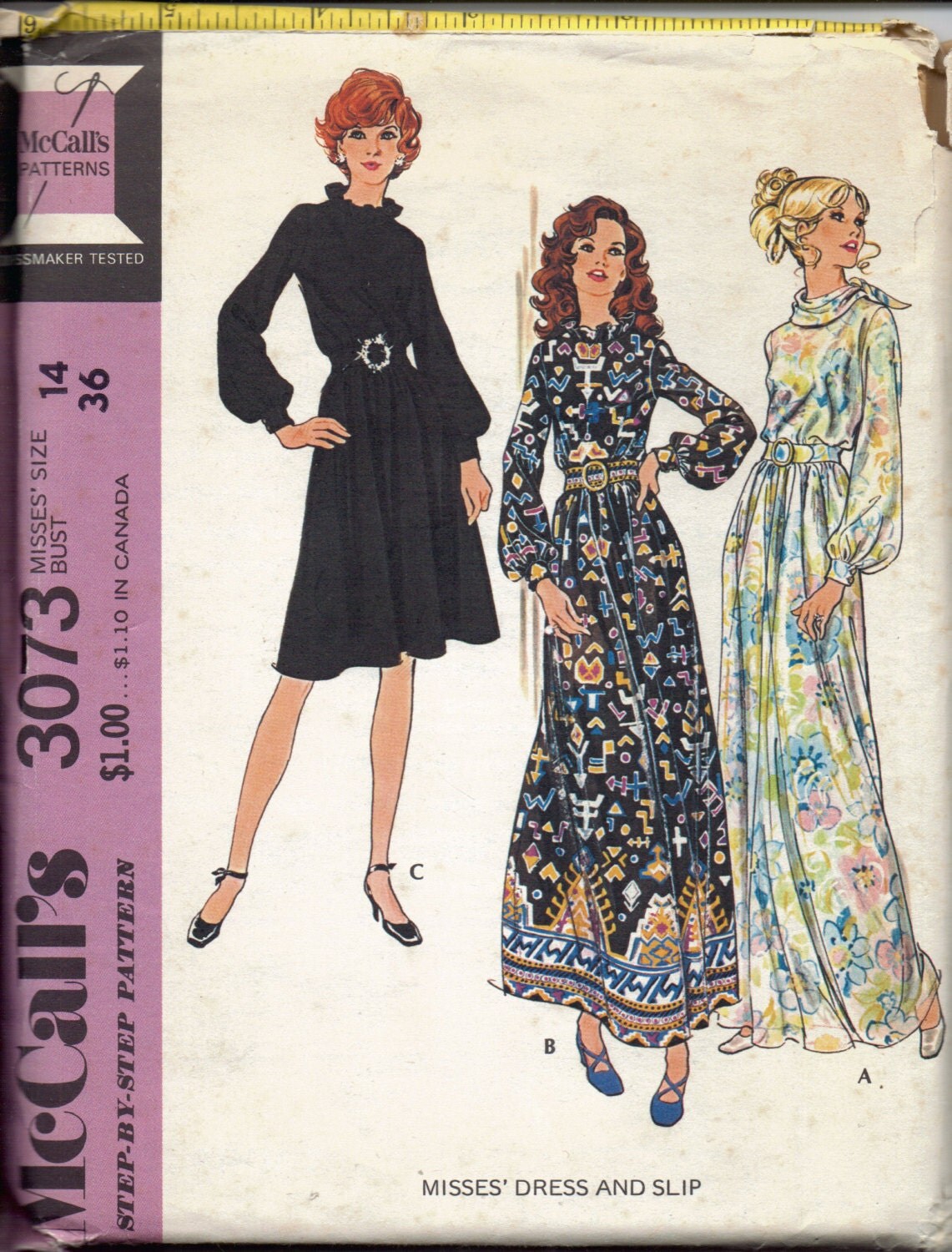 Vintage 1970s High Neck Dress Pattern, Puffy Sleeve Dress Pattern, Long