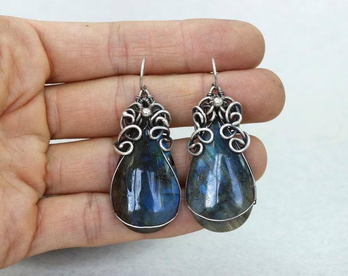 Labradorite Earrings Wire Wrap Earrings Blue Drop Earrings Blue Labradorite Dangle Earrings Blue Dangle earrings Sterling Silver Earrings