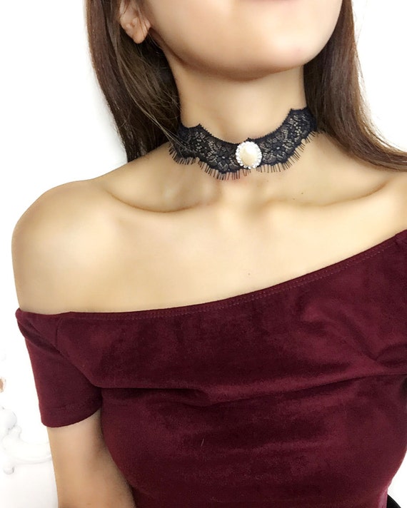 Choker Necklace Dark Navy Blue Fringe Lace Pearl Pendent Choker Fashion Jewelry Handmade goth gothic Punk steampunk Lolita Sexy Cute by MiaDressShop steampunk buy now online