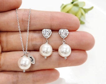 Bridesmaid gift set- initial necklace, Pearl Earrings, Swarovski Pearl Earrings, cubic zirconia earrings, bridesmaid gift, pearl necklace