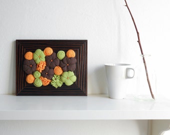 Framed home decoration Fabric flowers art 3D design ornament - Brown orange green - OOAK durable bouquet - ready to ship