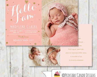 Pink and Gold Birth Announcement - Pink and Gold printable Baby Announcement - Girl Baby Announcement - Pink and Gold - DIY Printable