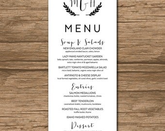 Wedding Menu, Rehearsal Dinner Menu, Reception Menu - PRINTABLE - elegant calligraphy, rustic wedding, leaves, monogram - Megan