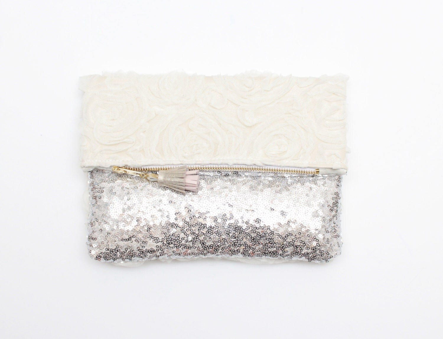 SWEET 2 / Tulle rose & Silver sequin fold over clutch bag with