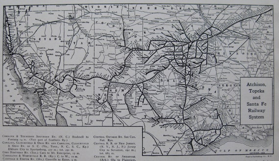 1928 ATCHISON TOPEKA Santa Fe RAILROAD Map Antique 1900s