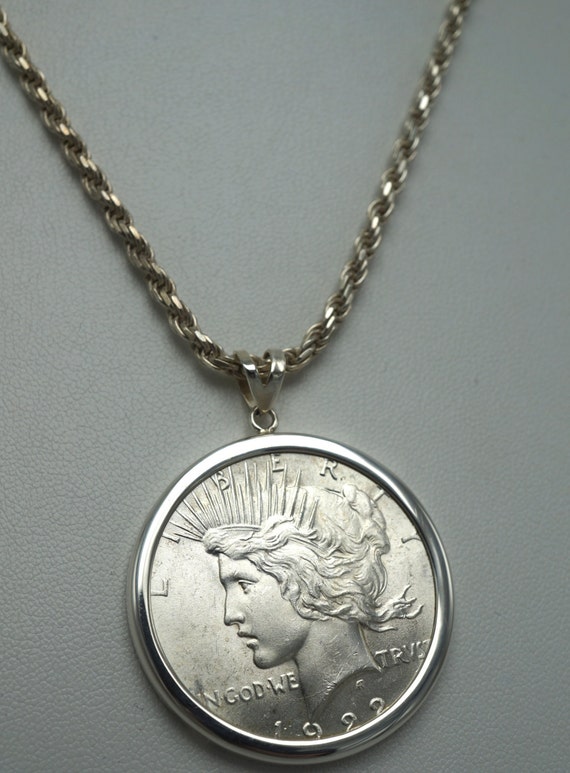 Vintage 1922 Peace Silver Dollar In Sterling Silver Bezel With