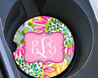 Tropical car coaster with monogram, Pink and yellow sunflowers, Cute auto decor, Preppy floral car decoration, Gifts for women (1681)