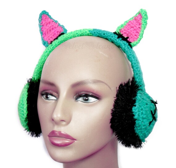 FrankenKitty Cat Ear Muffs Green Teal Pink & by VelvetVolcano