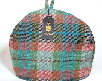 Harris Tweed tea cosy, teapot cover brick red turquoise green plaid fabric tea cozy.
