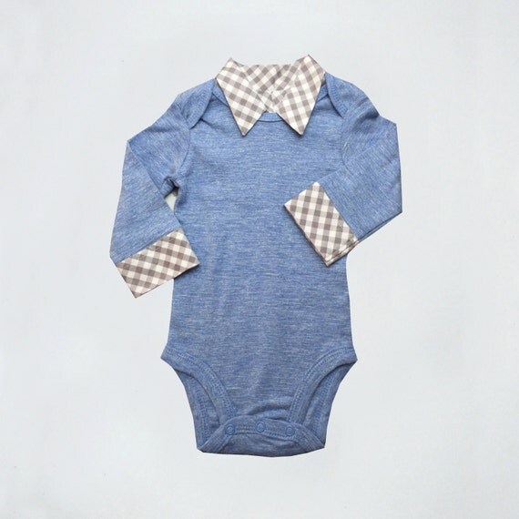 Onesie with Collar Light Blue Gray Gingham Faux Collar