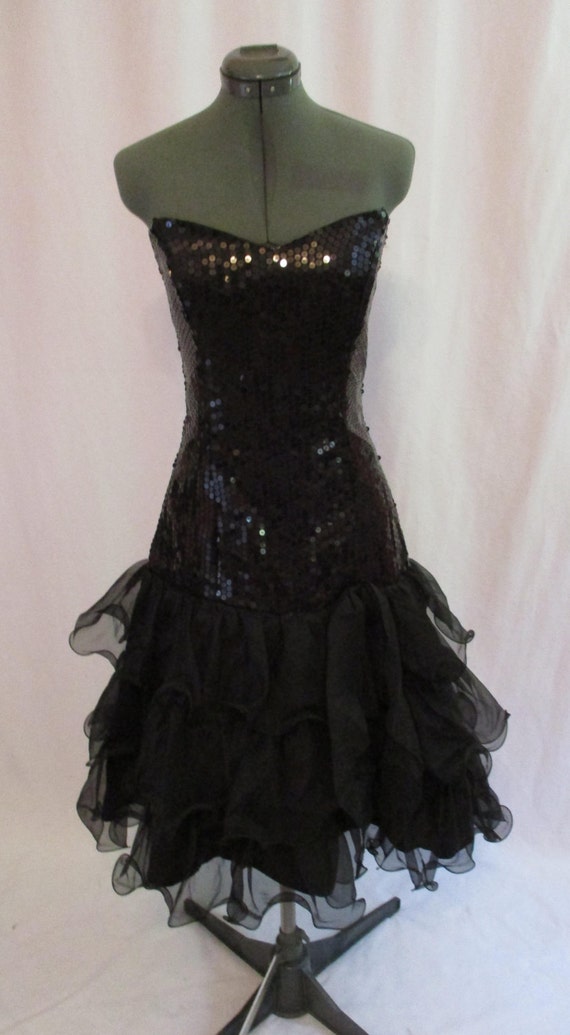 Vintage 80s Black Sequin Strapless Prom Party Dress 28 9579