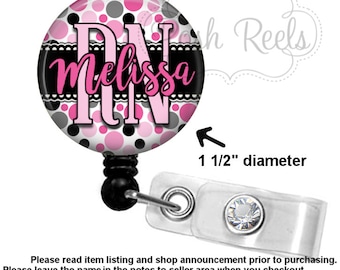 Nurse Badge Holder, Retractable Badge Holder, Pink, Gray and Black Polka Dots Badge Reel, Stethoscope ID Tag, Carabiner or Lanyard - 1395
