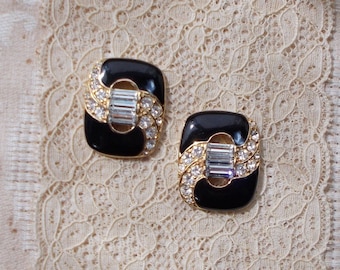Trifari Black Enamel and Clear Rhinestone 1980s Post Earrings 2123