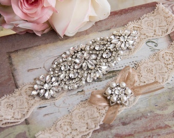 Wedding Garter Set, Champagne Bridal Garter Set, Champagne Lace Garter, Lace Wedding Garter, Champagne Garter Set, Personalized Garter