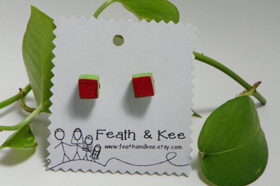 red and lime green hand painted glitter wooden cube earrings from Feath and Kee