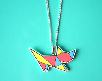 Colourful origami cat necklace, geometric necklace, origami necklace, cute cat necklace, origami jewellery, cat jewellery, girls necklace