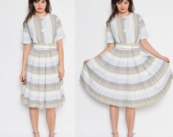 Vintage 60's Accordion Pleated Buttons Up Belted Dress