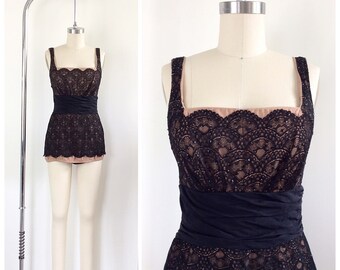 50s Rose Marie Reid Lace Illusion Swimsuit / 1950s Vintage Bombshell VLV Scalloped One Piece Bathing Suit / Small / Size 4