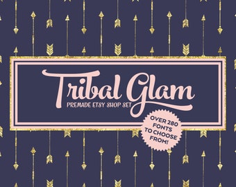 Etsy Cover Photo - Etsy Banner - Etsy Shop Set - Tribal Glam - Gold Glitter Arrow Peach Navy