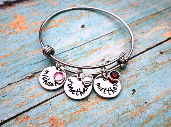 Hand Stamped Mother's Bracelet, Grandmother's Bracelet, Birthstone Bracelet, Bangle Bracelet, Mothers day, Mothers Gift, Grandmother Gift