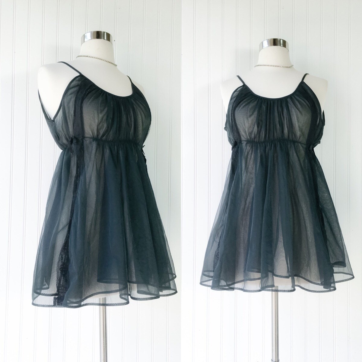 sheer black chiffon babydoll nightie / vintage 50s peignor