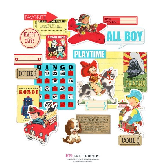 Printable retro scrapbook embellishments / vintage boys