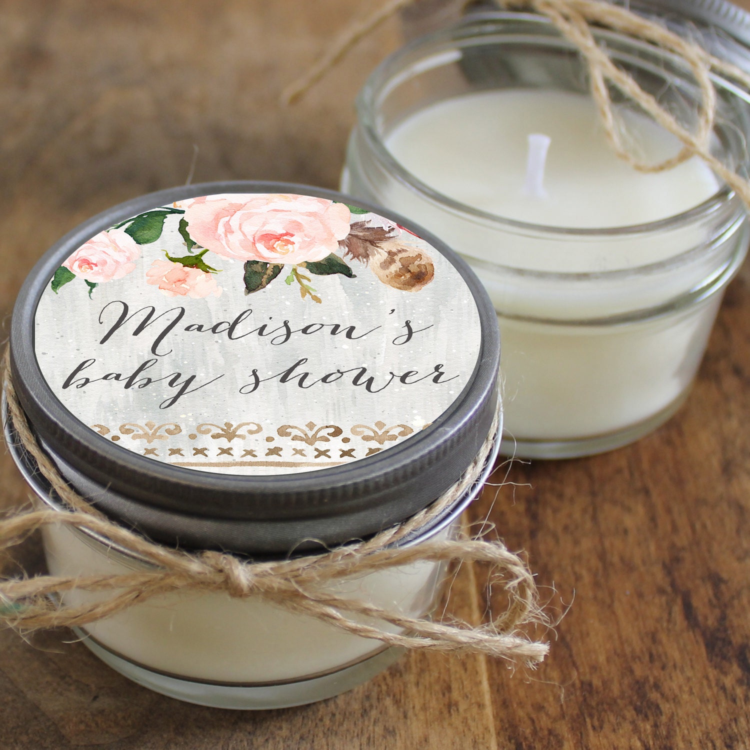 Set of 12 4 oz Baby Shower Favor Candles Rose Label Design