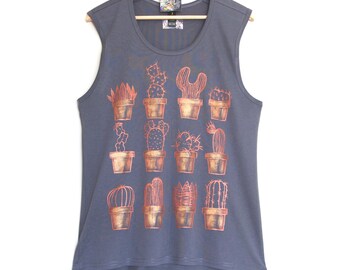 COPPER CACTUS tank top. Ladies grey singlet, tank top with cactus drawing. Rose gold cactus
