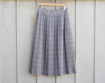 Vintage Houndstooth Skirt - Black and White Pleated Skirt - Mod Checkered Skirt - A Line Plaid Skirt - Long Gingham Skirt - Tartan Skirt