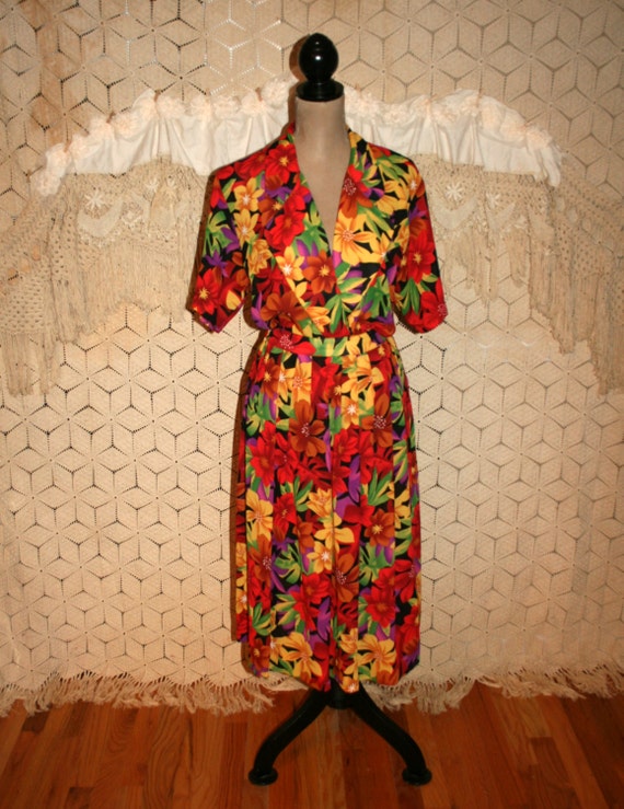 Vintage 80s Skirt Set Colorful Floral 2 Piece Dress Large