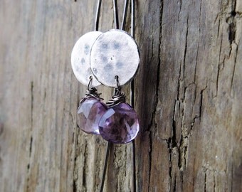 Amethyst earrings. Artisan earrings. Handcrafted oxidized sterling silver earrings.