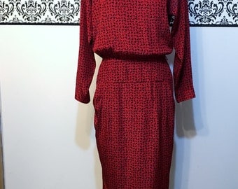 1980's Red & Black Secretary Dress by Liz Claiborne, Size 6, Vintage 1980's Red Hipster Day Dress, Medium, 80's Red Secretary Dress