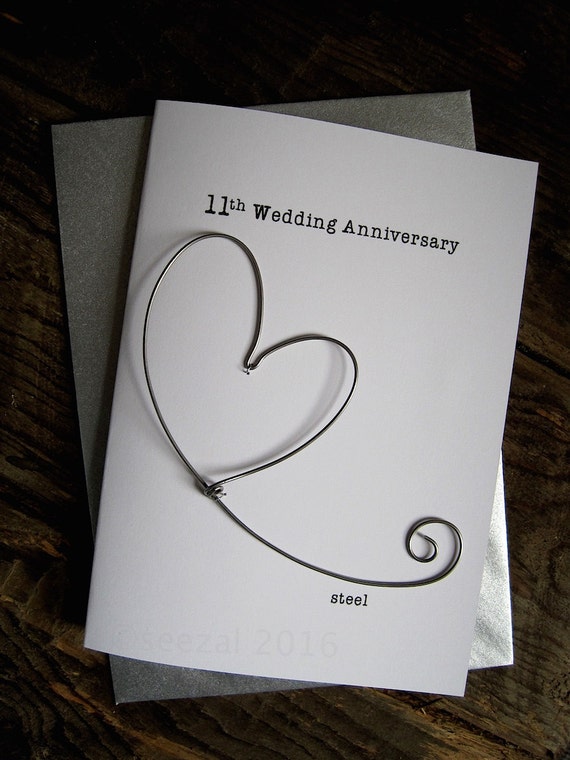 11th Anniversary Gifts Traditional
 11th Wedding Anniversary Keepsake Card STEEL Wire Heart 11