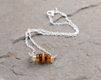 Natural Amber Necklace, Baltic Amber Bar Necklace, Honey Amber, Milky Amber, Four Varieties of Amber, Bar Necklace, 16 inch Short Necklace
