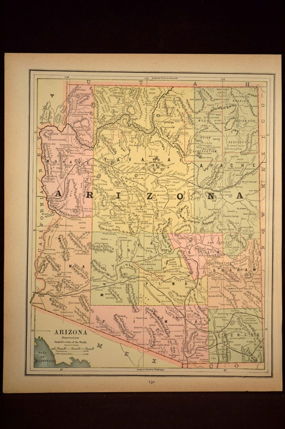 Arizona Map Arizona Antique Late 1800s Original 1877