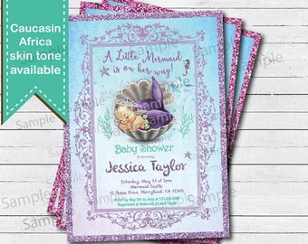 Mermaid baby shower invitation. Vintage baby girl couple baby shower. Purple Under the sea turquoise aqua glitter retro digita invite B213