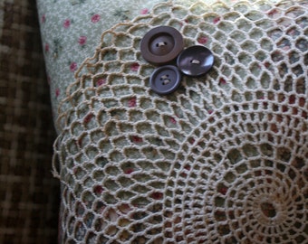 Cottage Chic Pillow, Patchwork Pillow, Vintage Doily, Antique Buttons, Decorative Pillow, Home Decor