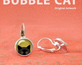 Peeking Black Cat Earrings, Peeking Cat with Yellow Eyes
