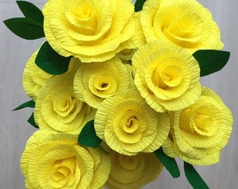 Crepe Paper Roses - yellow handmade bunch of 12 roses - 35cm wired stems with leaves, beautiful for weddings or a gift
