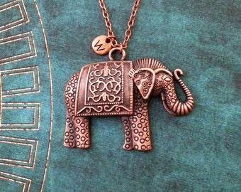 Elephant Necklace LARGE Elephant Jewelry Copper Elephant Pendant Necklace Indian Elephant Charm Necklace Ornamental Engraved Carved Elephant